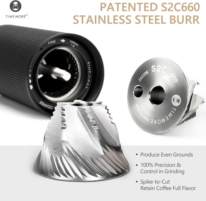 TIMEMORE Chestnut C3S PRO Manual Coffee Grinder - Compact with Foldable Handle, Adjustable Stainless Steel S2C Conical Burr for Espresso, French Press & More, Portable Coffee Grinder (Black) - Image 4